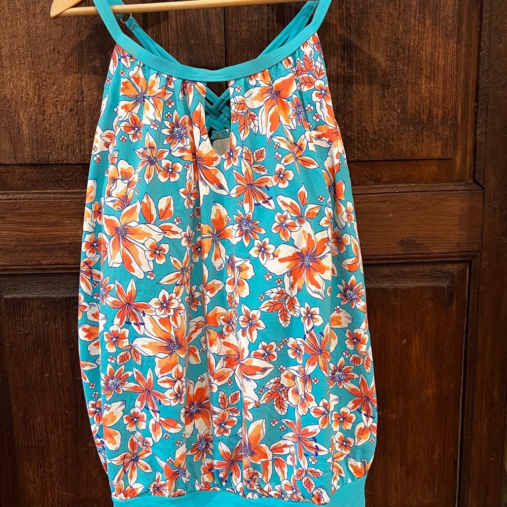 Lands’ End Tankini Swimsuit Top Blouse on Floral Turquoise Coral Strappy sz 24W - Picture 2 of 15